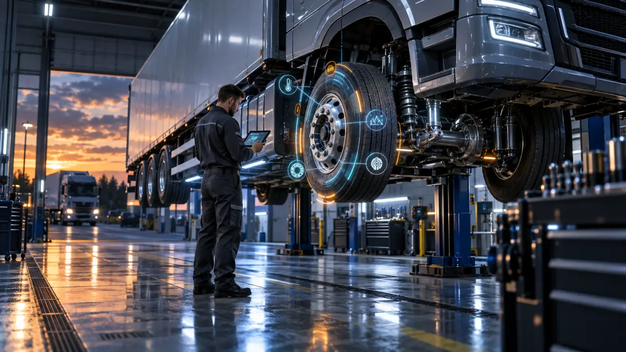 Flotte de poids lourds modernes sur un hub logistique au crépuscule