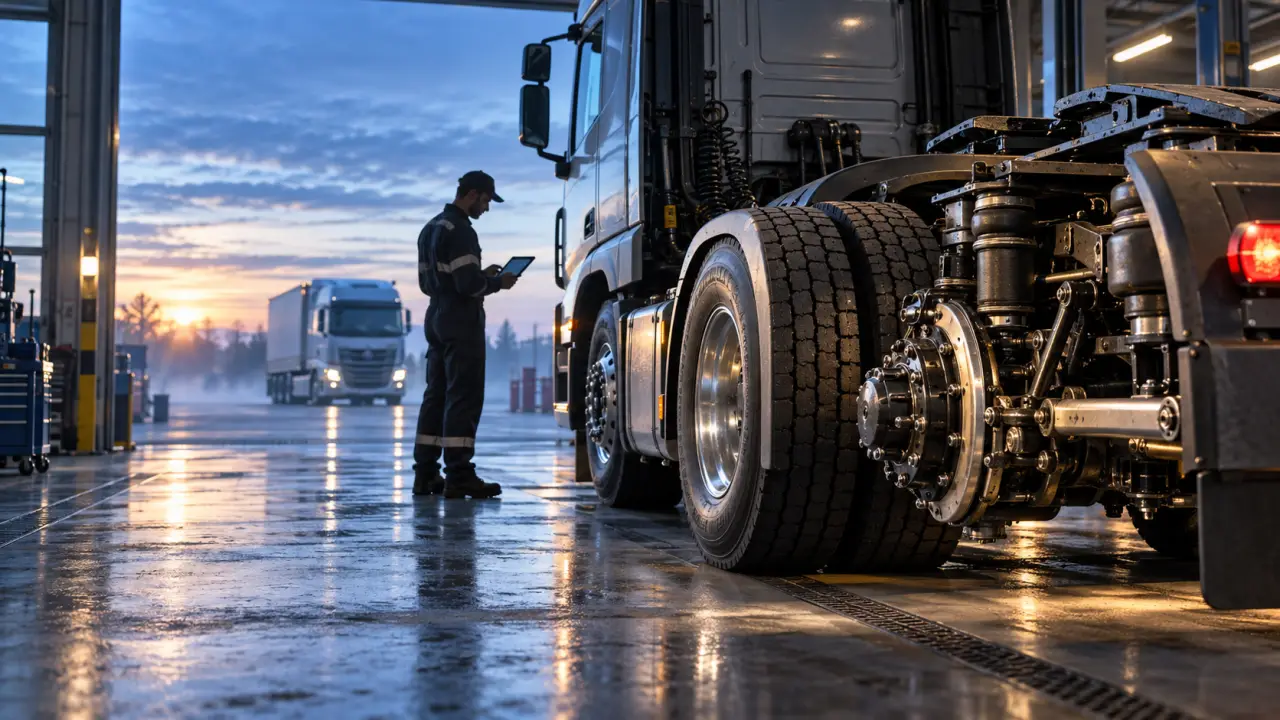 Flotte de poids lourds stationnée sur un hub logistique avant sa remise en circulation