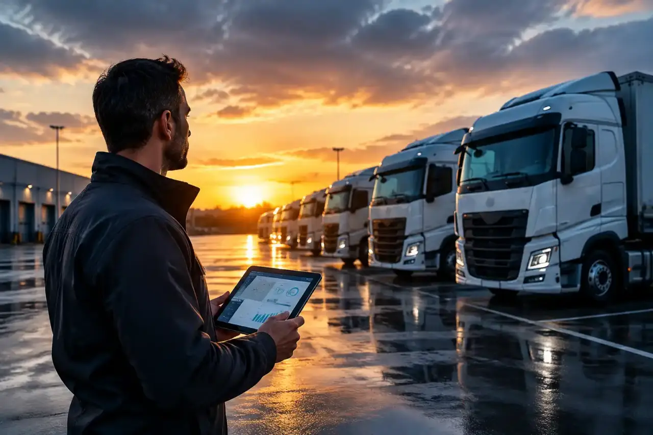 Flotte de poids lourds modernes sur un site logistique au crépuscule