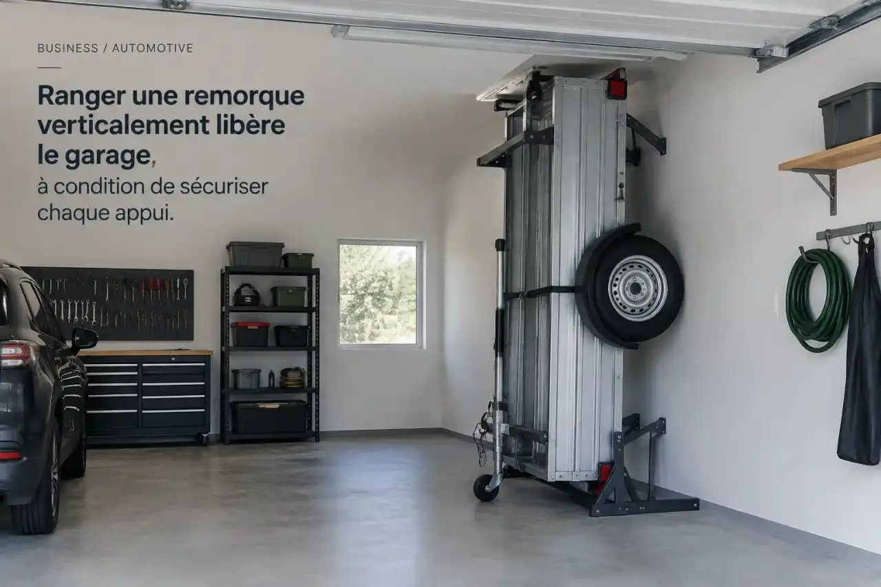 Ranger une remorque verticalement libère le garage, à condition de sécuriser chaque appui