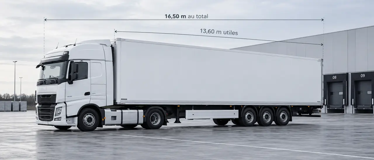 Une semi-remorque mesure 16,50 m au total, mais offre 13,60 m utiles