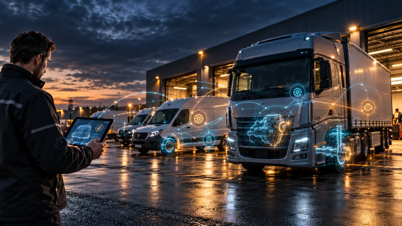Flotte de camions modernes équipée de technologies connectées dans un hub logistique