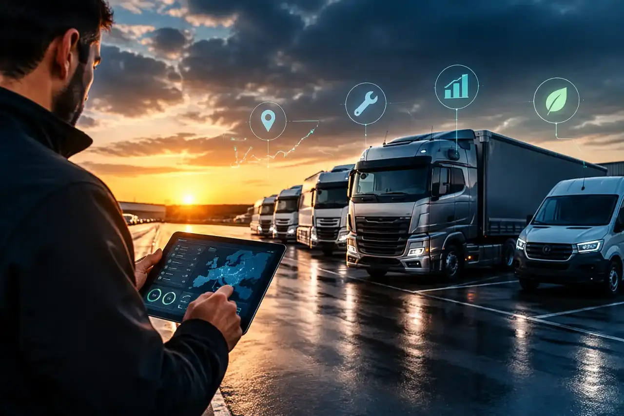 Flotte de camions modernes connectés dans un hub logistique