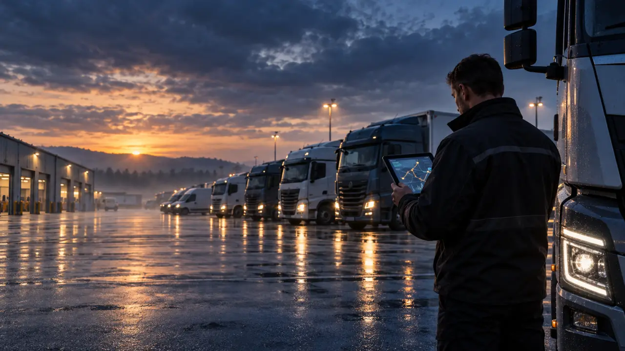 Flotte de camions modernes roulant sur une autoroute au lever du jour